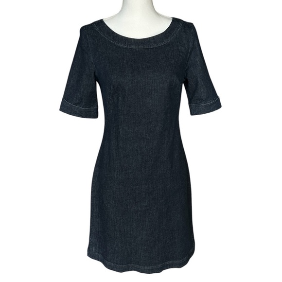 BODEN Freya Blue Denim Sheath Dress Stretch Short Sleeve Knee Length sz 6 - Picture 2 of 12